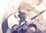  1girl armor bangs blonde_hair blue_eyes braid breasts closed_mouth dated fate/apocrypha fate_(series) faulds from_side hatutaro long_hair medium_breasts ruler_(fate/apocrypha) single_braid solo standard_bearer standing thigh-highs 