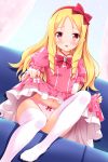  1girl blonde_hair blush dress dress_lift drill_hair eromanga_sensei feet hairband highres lifted_by_self long_hair looking_at_viewer navel no_shoes open_mouth panties pink_eyes pink_panties pointy_ears red_hairband sitting solo thigh-highs twin_drills underwear white_legwear yagami-all_hail_nanao yamada_elf 