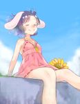 1girl animal_ears arm_support bare_arms bare_legs bare_shoulders blue_sky bogyaku_no_m carrot carrot_necklace closed_eyes collarbone day dress floating_hair floppy_ears flower inaba_tewi outdoors pink_dress purple_hair rabbit_ears shiny shiny_hair short_dress sitting sky sleeveless sleeveless_dress smile solo summer sundress sunflower touhou wind 