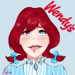  1girl ahegao blue_dress blue_eyes braid commentary dress freckles hair_ribbon highres redhead ribbon saliva tongue wendy&#039;s 