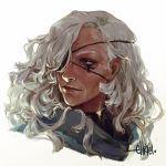  1girl ana_(overwatch) brown_eyes dark_skin eye_of_providence eyepatch facial_tattoo grey_hair hair_down hair_over_one_eye lips long_hair messy_hair nose old_woman one-eyed overwatch portrait solo tattoo white_background x-arielle 