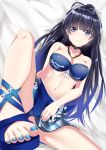  1girl absurdres benghuai_xueyuan black_hair blue_eyes blue_nails blush breasts choker cleavage eyebrows_visible_through_hair feet highres jewelry large_breasts long_hair looking_at_viewer lying nail_polish navel necklace on_back parted_lips ponytail raiden_mei smile teeth toes 