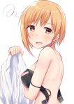  1girl aiba_yumi asymmetrical_hair bangs bare_shoulders black_bra blonde_hair blush bra bra_removed brown_eyes dress_shirt h3po4_chiba idolmaster idolmaster_cinderella_girls looking_at_viewer looking_to_the_side off_shoulder parted_lips shirt shirt_removed short_hair simple_background solo squiggle strap_slip sweatdrop underwear white_background 