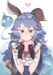  1girl blue_hair box_of_chocolates brown_eyes embarrassed erun_(granblue_fantasy) eyebrows_visible_through_hair ferry_(granblue_fantasy) ghost gloves granblue_fantasy heart highres jewelry long_hair mku pale_skin single_earring sweatdrop wavy_hair 