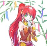  1girl bamboo bamboo_shoot check_commentary commentary commentary_request dress gloves green_eyes iesupa navel ponytail pyrrha_nikos redhead rwby smile solo strapless strapless_dress tanabata 