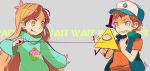  &gt;:) &gt;:p 1boy 1girl :p annoyed aqua_sweater bangs baseball_cap begging bill_cipher blue_hat bow bowtie brother_and_sister brown_hair bullying clenched_teeth cupcake dipper_pines english food food_print gravity_falls green_eyes hairband hat holding_arms incoming_punch long_hair mabel_pines negura_(yamadori) one-eyed pulling red_shirt restrained scared serious shirt siblings signature sleeveless_jacket sweater swept_bangs teeth tongue tongue_out top_hat tree_print triangle turtleneck turtleneck_sweater twins twitter_username 