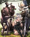  1girl animal bangs bare_shoulders bird black_dress black_gloves black_legwear blue_eyes breasts collarbone commentary_request day dress elbow_gloves flower giving gloves hair_over_one_eye highres holding holding_flower holding_sword holding_weapon knee_up medium_breasts moose nier_(series) nier_automata outdoors pascal_(nier_automata) pod_(nier_automata) post-apocalypse robot short_hair silver_hair sitting sleeveless sleeveless_dress solo sword swordsouls thigh-highs weapon yorha_type_a_no._2 
