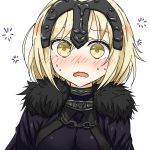  1girl blonde_hair blush embarrassed fate/grand_order fate_(series) fur headpiece jeanne_alter kaname_game_etc long_hair looking_at_viewer nose_blush open_mouth ruler_(fate/apocrypha) solo sparkle swat upper_body wavy_mouth yellow_eyes 