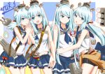  4girls :d absurdres bare_shoulders bike_shorts blue_eyes blue_hair contrapposto cowboy_shot fubuki_(zhan_jian_shao_nyu) gatari hair_ribbon hand_holding hatsuyuki_(zhan_jian_shao_nyu) headgear highres interlocked_fingers japanese_clothes long_hair looking_at_another looking_at_viewer low_twintails miyuki_(zhan_jian_shao_nyu) multiple_girls neckerchief one_eye_closed open_mouth ribbon school_uniform shirayuki_(zhan_jian_shao_nyu) smile twintails very_long_hair wide_sleeves zhan_jian_shao_nyu 