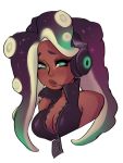 1girl bare_shoulders black_hair breasts cleavage dark_skin green_eyes half-closed_eyes headphones highres long_hair looking_at_viewer marina_(splatoon) milkcubusss mole mole_under_mouth octarian parted_lips simple_background sleeveless solo splatoon splatoon_2 tentacle white_background zipper