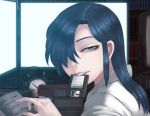  1girl black_hair floppy_disk hair_over_one_eye half-closed_eye himoo_yuina indoors looking_at_viewer mouth_hold okai solo tokimeki_memorial tokimeki_memorial_1 