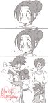  1girl 3boys :d ? black_eyes black_hair blush brothers chi-chi_(dragon_ball) chinese_clothes comic couple dougi dragon_ball dragonball_z family father_and_son frown greyscale hand_on_hip happy happy_birthday heart highres hug long_sleeves looking_at_another looking_away monochrome mother_and_son multiple_boys nervous open_mouth panels siblings silent_comic simple_background smile son_gohan son_gokuu son_goten tears tied_hair tkgsize white_background wristband 