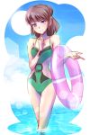  1girl an_ren blue_sky bracelet breasts brown_hair cleavage clouds cloudy_sky green_swimsuit iesupa innertube jewelry mature one-piece_swimsuit rwby sky smile solo sunlight swimsuit violet_eyes wading 