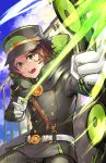  1boy artist_name belt bow_(weapon) brown_hair clouds gloves green_eyes hat highres male_focus military military_hat military_uniform open_mouth owari_no_seraph saotome_yoichi sky solo teeth uniform upper_body weapon 