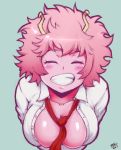  1girl 2017 antennae ashido_mina between_breasts blue_background blush boku_no_hero_academia breasts cleavage closed_eyes collarbone happy highres large_breasts looking_at_viewer necktie necktie_between_breasts pink_hair pink_skin randomboobguy school_uniform short_hair simple_background smile solo teeth unbuttoned unbuttoned_shirt upper_body 