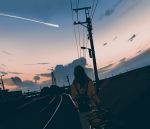  1girl backpack bag bicycle brown_hair clouds evening facing_away ground_vehicle original power_lines riding_bike road shooting_star sketch snatti solo sunset 
