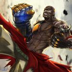  1boy african artist_name clenched_hand clenched_teeth dark_skin dark_skinned_male doomfist mechanical_arm navel overwatch shirtless signature teeth wallace_pires 