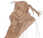  1boy 1girl coat couple edward_elric eyebrows_visible_through_hair fullmetal_alchemist happy long_hair looking_away ponytail riru scarf sepia simple_background smile sunlight white_background winry_rockbell 