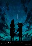  2017 2girls animal_ears back clouds cloudy_sky dated from_behind hat hat_feather kaban_(kemono_friends) kemono_friends mokyutan multiple_girls night serval_(kemono_friends) serval_ears shooting_star sky standing star_(sky) starry_sky 