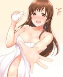  /\/\/\ 1girl bangs bare_shoulders belly_peek blush bottle breasts brown_eyes brown_hair cleavage collarbone commentary_request embarrassed full-face_blush gradient gradient_background h3po4_chiba holding holding_bottle idolmaster idolmaster_cinderella_girls long_hair looking_at_viewer medium_breasts milk milk_bottle naked_towel navel nitta_minami open_mouth outstretched_arm simple_background solo spilling towel towel_slip wet 
