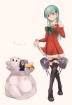  10s 1girl 2016 absurdres aqua_eyes aqua_hair black_legwear blush bow breasts christmas christmas_tree_hair_ornament cleavage dated detached_collar detached_sleeves dress dress_lift failure_penguin fur_trim grin hair_ornament hand_on_own_chest head_tilt highres hiiragii_(hiiragi_0404) kantai_collection long_hair looking_at_viewer machinery medium_breasts miss_cloud red_dress revision sack santa_costume short_dress smile solo suzuya_(kantai_collection) thigh-highs thigh_strap turret zettai_ryouiki 