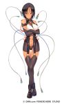  108_gou 1girl bare_shoulders black_hair cable character_request copyright_request crossed_arms dark_skin fingerless_gloves full_body gloves highres looking_at_viewer navel parted_lips red_eyes short_hair solo standing thigh_gap transparent_background 