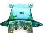  1girl air_bubble blonde_hair commentary_request eyebrows_visible_through_hair frog hair_ribbon hat looking_at_viewer luke_(kyeftss) moriya_suwako red_ribbon ribbon simple_background solo surreal touhou water white_background yellow_eyes 