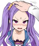  1boy 1girl annoyed asanagi blush dress fang fate/grand_order fate_(series) forehead hand_on_another&#039;s_head long_hair open_mouth petting purple_hair shirt strapless strapless_dress twintails upper_body very_long_hair wu_zetian_(fate/grand_order) 