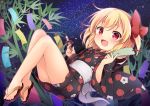  1girl baku_ph bamboo bare_legs black_kimono blonde_hair brush fang full_body hair_ribbon japanese_clothes kimono looking_at_viewer night night_sky obi open_mouth red_eyes red_ribbon ribbon rumia sandals sash short_hair sky smile solo star_(sky) starry_sky tanabata tanzaku touhou yukata 