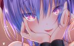 108_gou 1girl fangs hair_between_eyes hands_on_own_cheeks hands_on_own_face lilith_aensland lips looking_at_viewer purple_hair short_hair smile solo vampire_(game) violet_eyes yandere_trance 