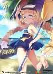  1girl barefoot beach blonde_hair blue_eyes blue_swimsuit bow braid company_name copyright_name day feet hair_bow innertube looking_at_viewer manle montgomery_(qurare) oar official_art outdoors qurare_magic_library soles swimsuit toes turning_back twin_braids water 