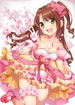  1girl :d bow breasts brown_eyes brown_hair cherry_blossoms chobi_(penguin_paradise) cleavage gloves hair_bow half_updo highres idolmaster idolmaster_cinderella_girls idolmaster_cinderella_girls_starlight_stage long_hair one_side_up open_mouth shimamura_uzuki smile solo v 
