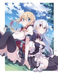  2girls absurdres ahoge blonde_hair blue_eyes blush breasts character_request cleavage copyright_request eyebrows_visible_through_hair highres large_breasts looking_at_another multiple_girls puffy_short_sleeves puffy_sleeves red_eyes short_sleeves silver_hair sitting smile u35 