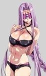  1girl arm_behind_back bare_shoulders bikini black_bikini blindfold braid breasts cleavage cowboy_shot erect_nipples erect_nipples_under_clothes facial_mark fate/stay_night fate_(series) forehead_mark grey_background highres large_breasts lips long_hair navel parted_lips playing_with_own_hair purple_hair rider shiny shiny_clothes shiny_hair shiny_skin simple_background single_braid solo standing swimsuit very_long_hair wankoro_mochi 