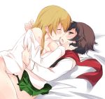  2girls abenattou bangs bed black_neckerchief blonde_hair blouse breasts brown_eyes brown_hair caesar_(girls_und_panzer) closed_eyes girls_und_panzer green_skirt incipient_kiss long_hair long_sleeves looking_at_another lying medium_breasts miniskirt multiple_girls neckerchief on_back on_stomach ooarai_school_uniform open_clothes open_mouth open_shirt pleated_skirt red_scarf scarf school_uniform serafuku shirt short_hair skirt sweat tongue white_background white_blouse white_shirt yuri 