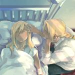  2boys alphonse_elric bed bed_sheet blonde_hair braid brothers closed_eyes duthcjs edward_elric fullmetal_alchemist hand_on_own_cheek intravenous_drip long_hair looking_at_another male_focus multiple_boys open_mouth pillow shirt siblings sleeping sunlight touching_forehead white_shirt yellow_eyes 