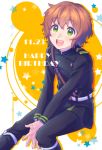  1boy belt boots brown_hair gloves green_eyes hanzou_(naruco174) happy_birthday male_focus military military_uniform open_mouth owari_no_seraph saotome_yoichi sitting solo star teeth uniform upper_body white_background 