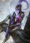  1girl absurdres bodysuit breasts cleavage daniel_kamarudin from_side gun head_mounted_display highres holding holding_gun holding_weapon long_hair medium_breasts nose overwatch pink_bodysuit ponytail profile purple_hair purple_lips purple_skin sitting solo tracer_(overwatch) weapon widowmaker_(overwatch) yellow_eyes 