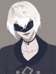  1boy blindfold buckle choker cosplay higekiri_(touken_ranbu) male_focus nier_(series) nier_automata solo touken_ranbu white_hair yorha_no._9_type_s yorha_no._9_type_s_(cosplay) zuwai_kani 