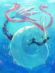  1boy 1girl barefoot black_hair bubble closed_eyes feet fingerless_gloves gloves hands_on_another&#039;s_face highres kiss milotic nuku ocean pants pokemon pokemon_(creature) pokemon_(game) pokemon_oras sparkle underwater water yuuki_(pokemon) 