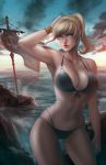  1girl absurdres arm_up aya_foxheart banner bikini blonde_hair blue_eyes bracelet breasts cleavage cowboy_shot final_fantasy final_fantasy_xiv hand_on_own_head highres hyur jewelry large_breasts navel outdoors ponytail solo swimsuit ushio_(starchild720) water 