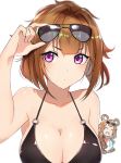  2girls animal_ears bangs blunt_bangs blush breasts brown_hair chibi_inset cleavage closed_mouth collarbone girls_frontline grizzly_mkv_(girls_frontline) hair_intakes hand_up large_breasts looking_at_viewer luse_maonang multiple_girls o-ring_top sidelocks simple_background solo_focus sunglasses sunglasses_on_head upper_body white_background 