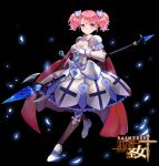  1girl armor armored_dress black_legwear black_saint cape character_request cleavage_cutout dress frilled_dress frills hair_ornament looking_back maorzshu official_art pink_eyes pink_hair polearm short_twintails shoulder_armor solo spear sword thigh-highs twintails weapon 