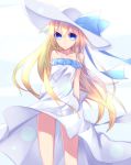  1girl bare_shoulders blonde_hair blue_eyes dress hat highres kawasaki_toiro long_hair looking_at_viewer original simple_background solo standing strapless strapless_dress sun_hat wind 