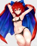  armpits bikini black_bikini blue_bow bow breasts cape expressionless gluteal_fold grey_background hair_bow houdukixx looking_at_viewer navel red_eyes redhead sekibanki short_hair side-tie_bikini simple_background small_breasts stomach swimsuit thigh_gap touhou 