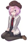  1girl :o bangs black-framed_eyewear black_dress black_legwear boots brown_boots cabbie_hat collared_shirt dress eyebrows_visible_through_hair fate/grand_order fate_(series) full_body glasses hair_over_one_eye hat hood hoodie jpeg_artifacts kanikou long_sleeves looking_at_viewer necktie open_clothes open_hoodie open_mouth pantyhose purple_hair red_necktie shielder_(fate/grand_order) shirt short_dress short_hair simple_background sitting solo tareme violet_eyes wariza white_background white_shirt younger 