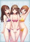  3girls arm_up armpits bare_shoulders bikini blush brown_eyes brown_hair collarbone covering covering_crotch green_eyes groin honda_mio idolmaster idolmaster_cinderella_girls meto31 multiple_girls navel shibuya_rin shimamura_uzuki swimsuit 