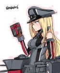  10s 1girl bare_shoulders bismarck_(kantai_collection) blonde_hair blue_eyes blush box brown_gloves detached_sleeves gift gift_box gloves hat highres holding holding_gift kantai_collection long_hair machinery maruya1006 military military_uniform peaked_cap solo turret twitter_username uniform 