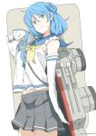  10s 1girl arched_back blue_eyes blue_hair double_bun elbow_gloves gloves grey_background head_tilt kantai_collection looking_at_viewer mecha_musume midriff_peek neckerchief ninimo_nimo sailor_collar shirt shirt_overhang simple_background skirt sleeveless sleeveless_shirt solo tasuki turret urakaze_(kantai_collection) white_gloves yellow_neckerchief 