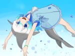 1girl :d arms_up bangs bare_arms bare_legs blowhole blue_background blue_dress blue_eyes blue_hair blue_sailor_collar bracelet common_bottlenose_dolphin_(kemono_friends) dolphin_tail dot_nose dress eyebrows_visible_through_hair eyes_visible_through_hair feet_out_of_frame fins frills from_side gen-san_(x_xxxg) gradient gradient_background gradient_hair grey_neckwear hair_between_eyes head_fins japari_symbol jewelry jumping kemono_friends long_hair looking_at_viewer looking_back looking_to_the_side multicolored_hair neckerchief open_mouth outstretched_arms sailor_collar sailor_dress short_sleeves sleeve_cuffs smile solo tail tail_fin tareme upper_teeth upside-down water_drop white_hair